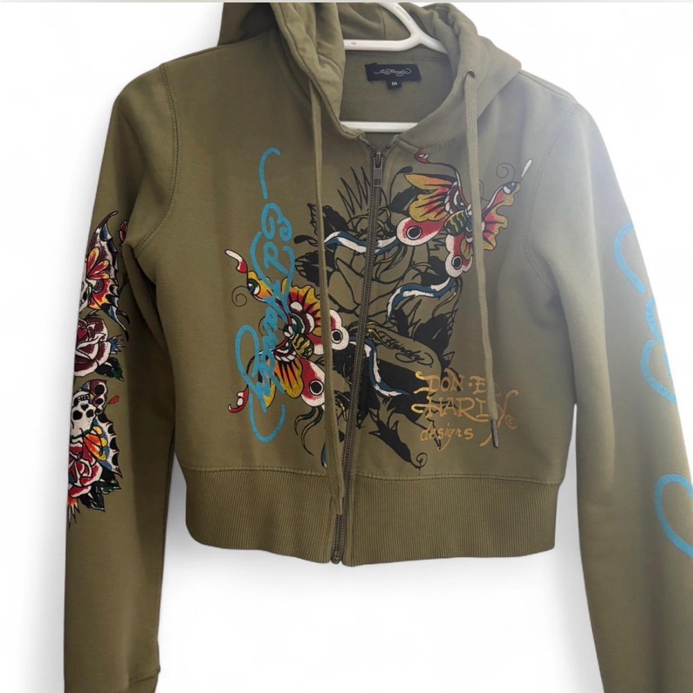 Ed Hardy Olive Jacket with Vibrant Graphics